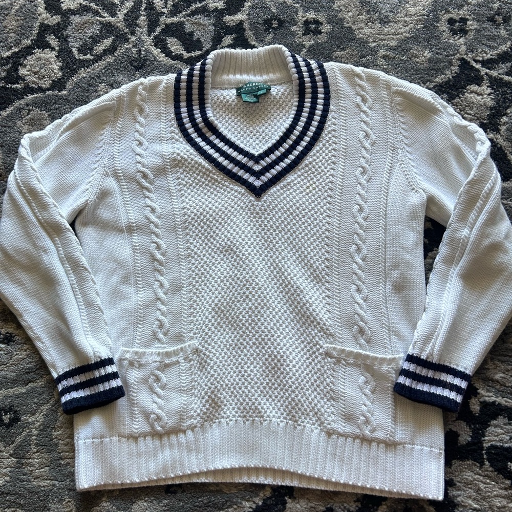 White Cable Knit Sweater with Navy Accents